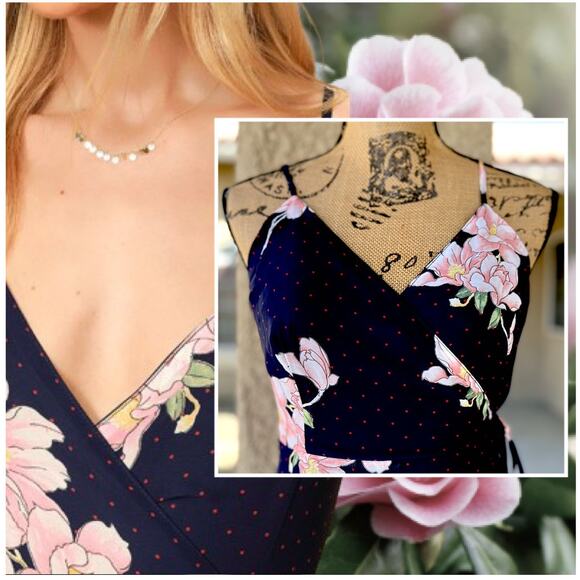 Lulu's Wrap Navy Blue Floral Print Polka Dot Loiselle Maxi Dress Size L - Picture 3 of 17